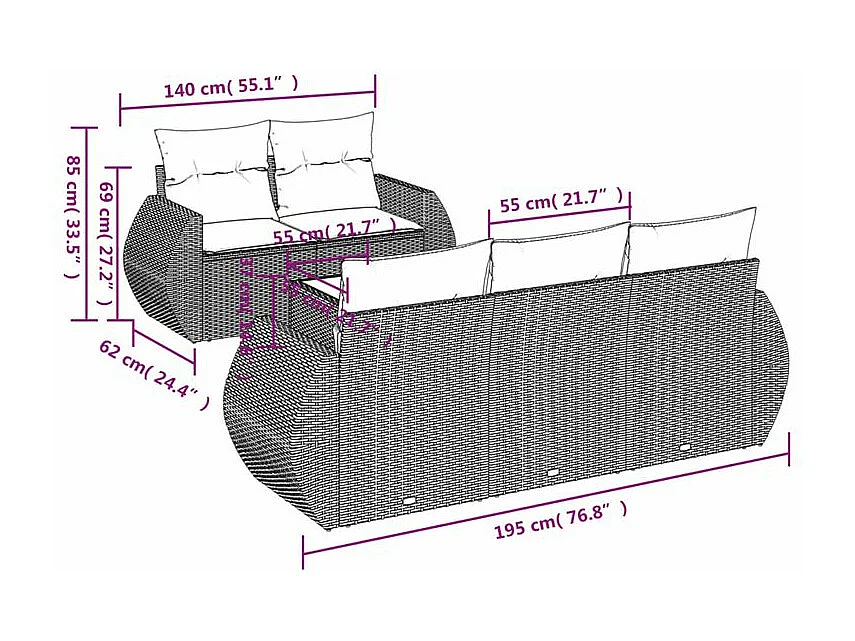 Salon de jardin avec coussins 6 pcs marron résine tressée