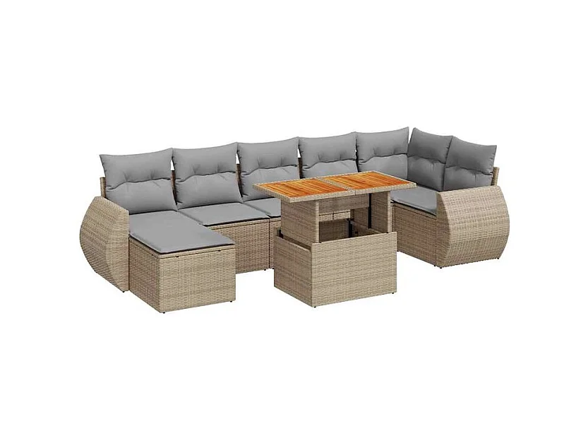 Salon de jardin avec coussins 8 pcs beige résine tressée