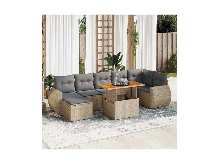 Salon de jardin avec coussins 8 pcs beige résine tressée