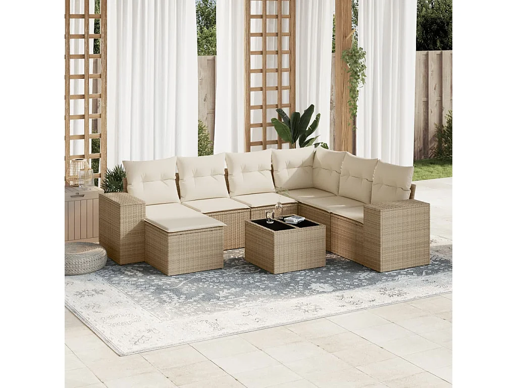 Salon de jardin avec coussins 8 pcs beige résine tressée