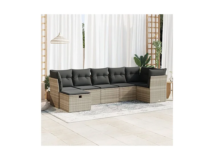 Salon de jardin avec coussins 7 pcs gris clair résine tressée