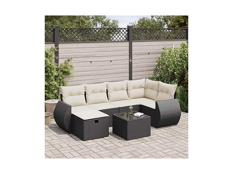 Salon de jardin 7 pcs avec coussins noir résine tressée