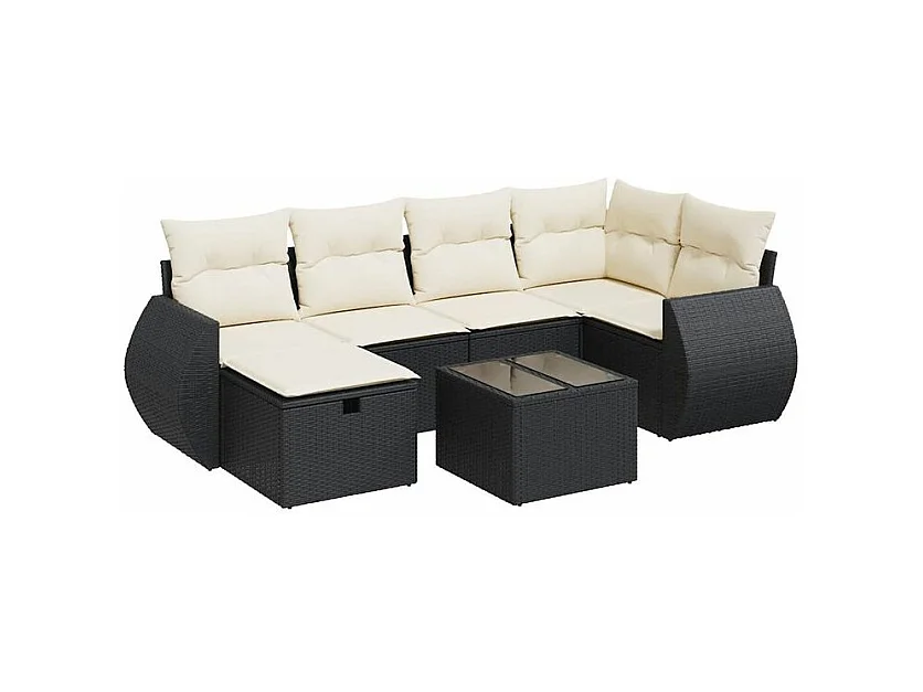Salon de jardin 7 pcs avec coussins noir résine tressée