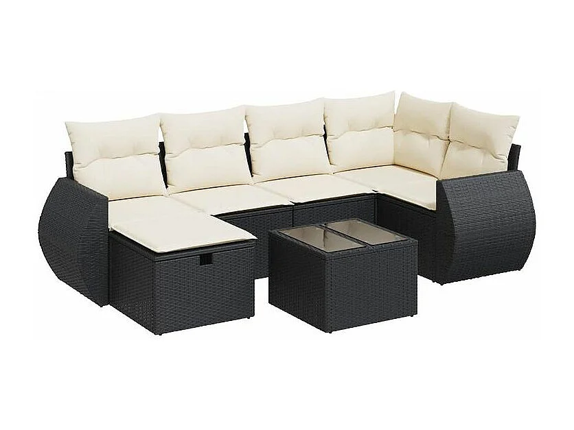 Salon de jardin 7 pcs avec coussins noir résine tressée