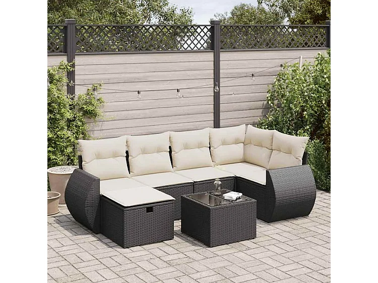 Salon de jardin 7 pcs avec coussins noir résine tressée