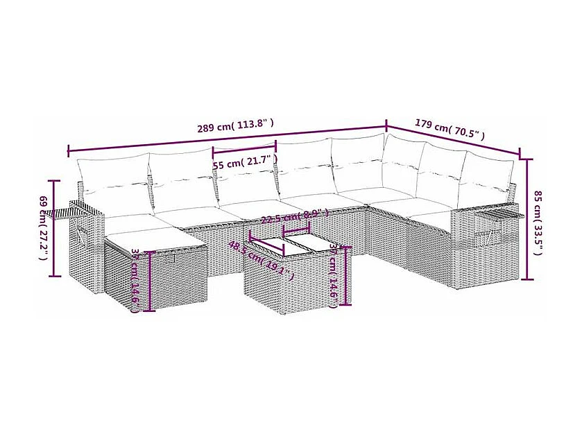 Salon de jardin avec coussins 9 pcs marron résine tressée