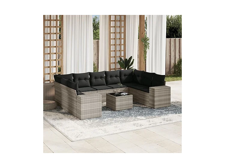 Salon de jardin avec coussins 10 pcs gris clair résine tressée
