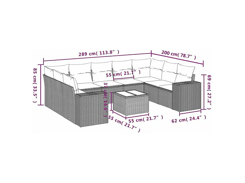 Salon de jardin avec coussins 10 pcs gris clair résine tressée