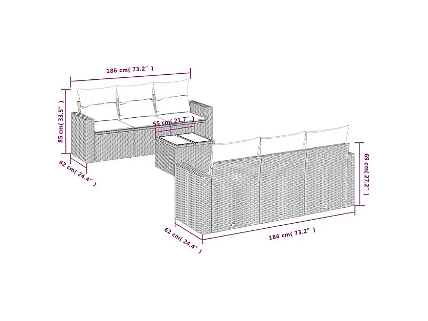Salon de jardin avec coussins 7 pcs marron résine tressée