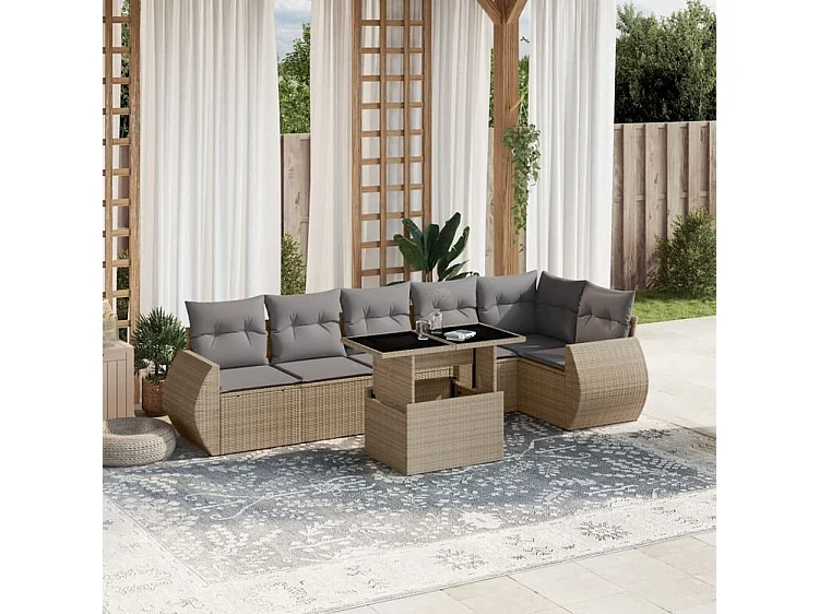 Salon de jardin avec coussins 7 pcs beige résine tressée