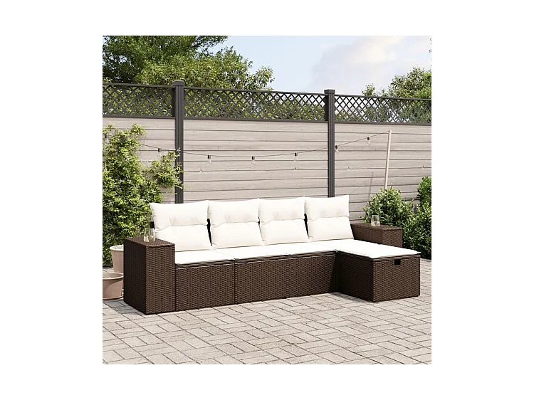 Salon de jardin avec coussins 5 pcs marron résine tressée