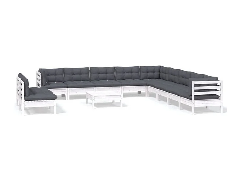 Salon de jardin 12 pcs avec coussins blanc bois de pin solide