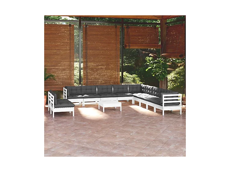 Salon de jardin 12 pcs avec coussins blanc bois de pin solide