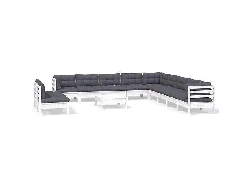 Salon de jardin 12 pcs avec coussins blanc bois de pin solide