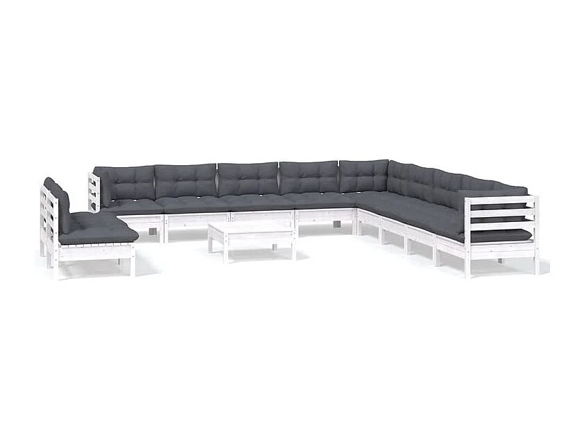 Salon de jardin 12 pcs avec coussins blanc bois de pin solide