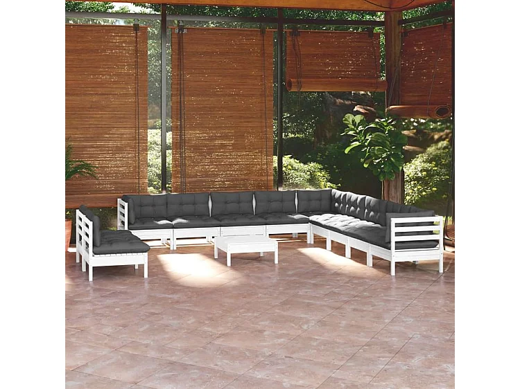 Salon de jardin 12 pcs avec coussins blanc bois de pin solide