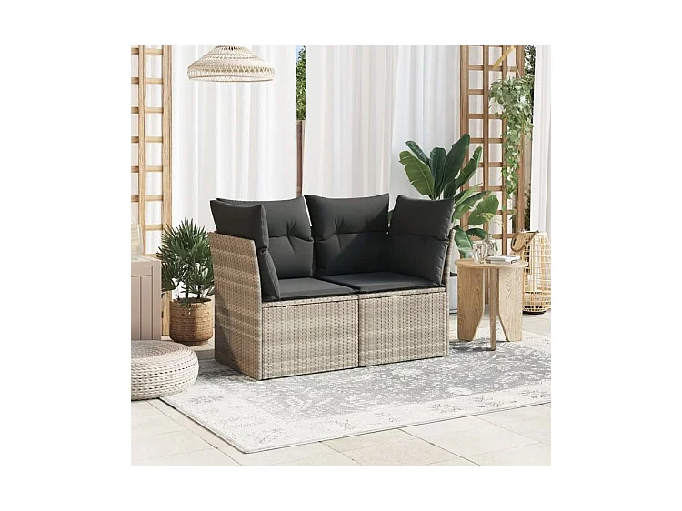 Canapé de jardin 2 places et coussins gris clair résine tressée