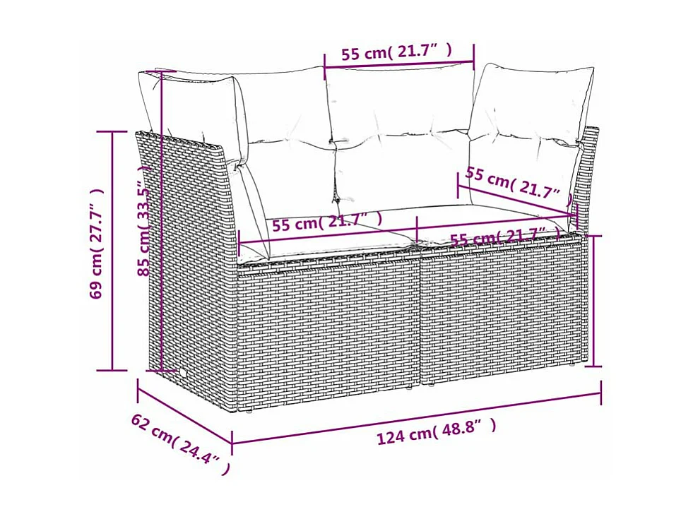 Canapé de jardin 2 places et coussins gris clair résine tressée