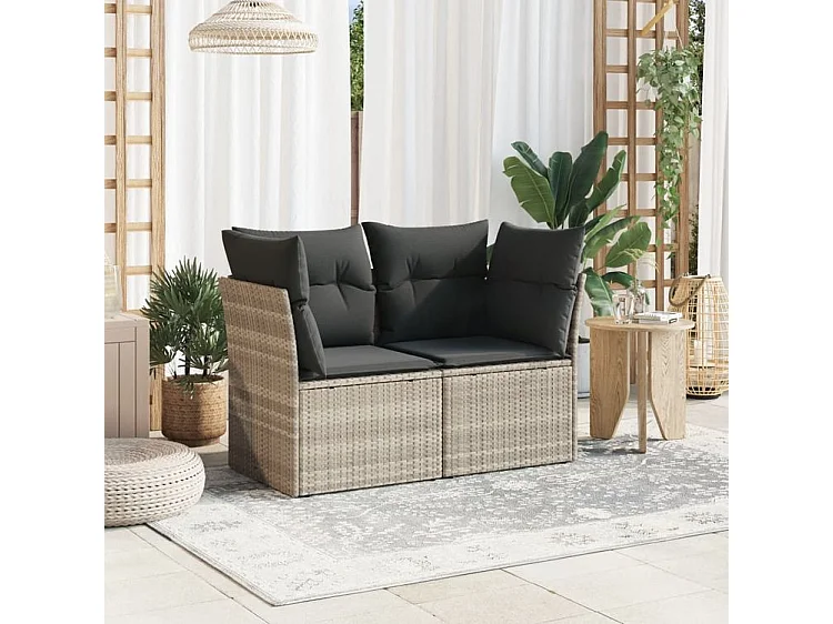 Canapé de jardin 2 places et coussins gris clair résine tressée