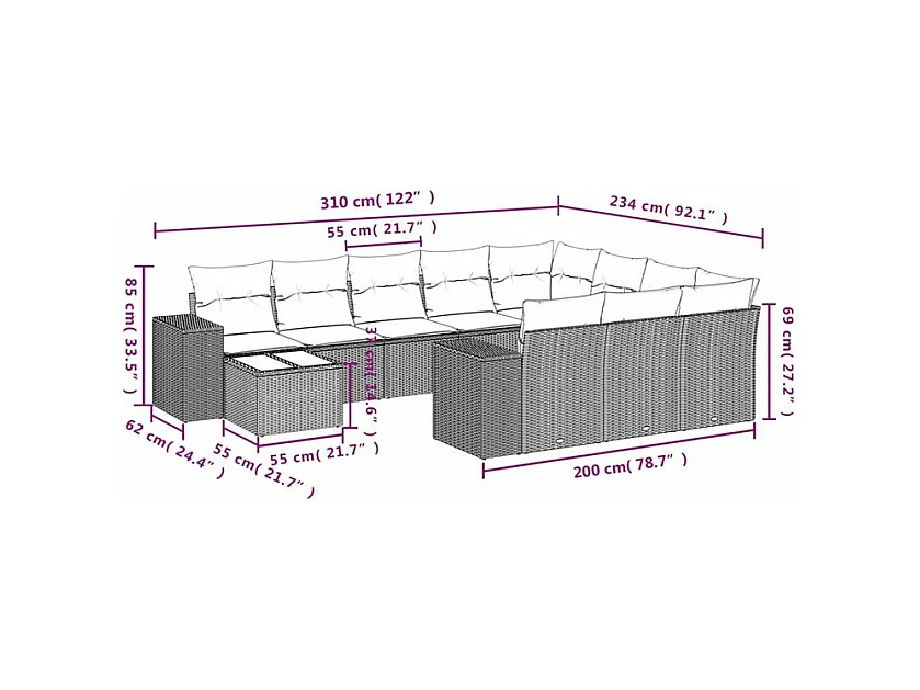 Salon de jardin et coussins 11 pcs marron résine tressée