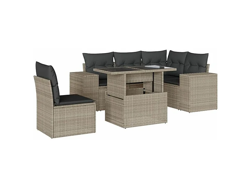 Salon de jardin 6 pcs avec coussins gris clair résine tressée