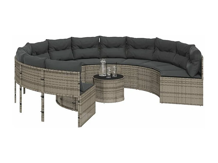 Canapé de jardin avec table coussins rond gris résine tressée