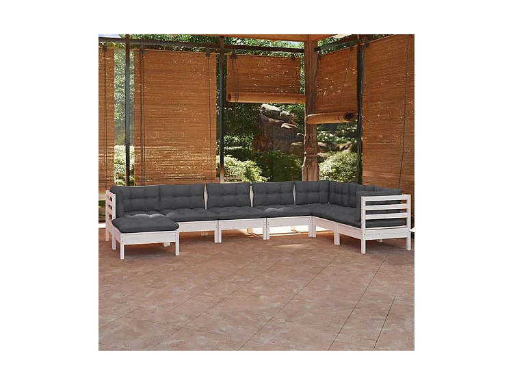 Salon de jardin 8 pcs avec coussins blanc bois de pin solide