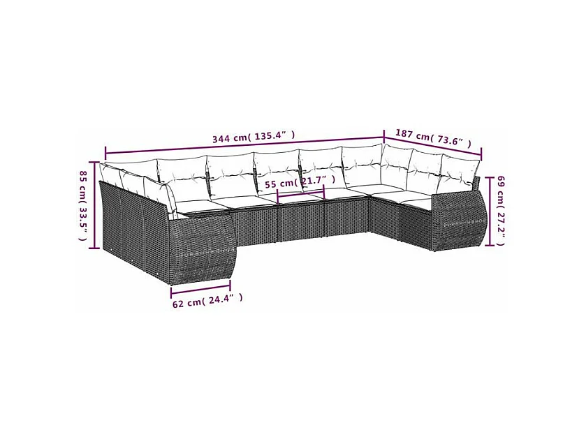 Salon de jardin et coussins 11 pcs marron résine tressée