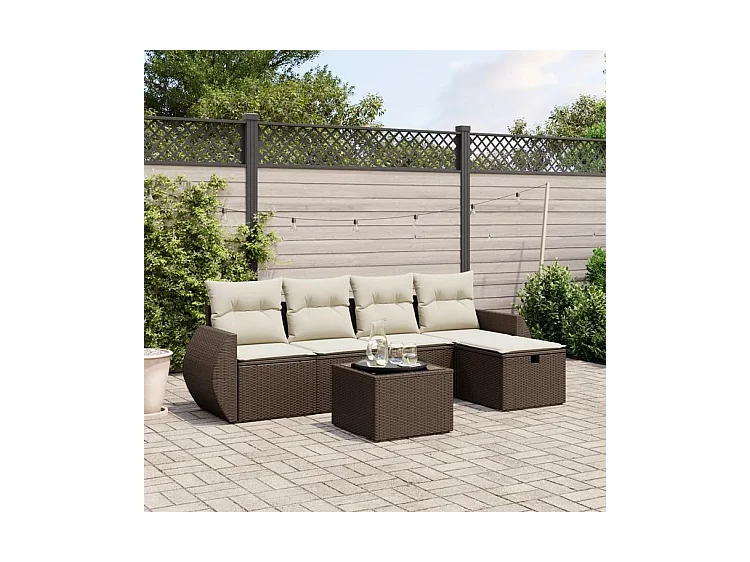 Salon de jardin avec coussins 6 pcs marron résine tressée
