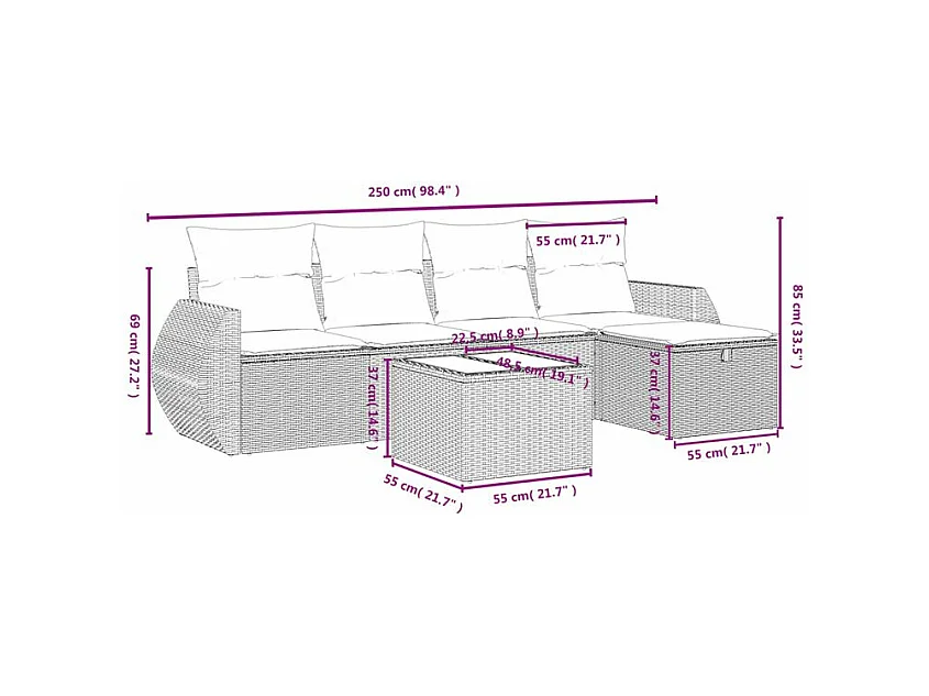 Salon de jardin avec coussins 6 pcs marron résine tressée