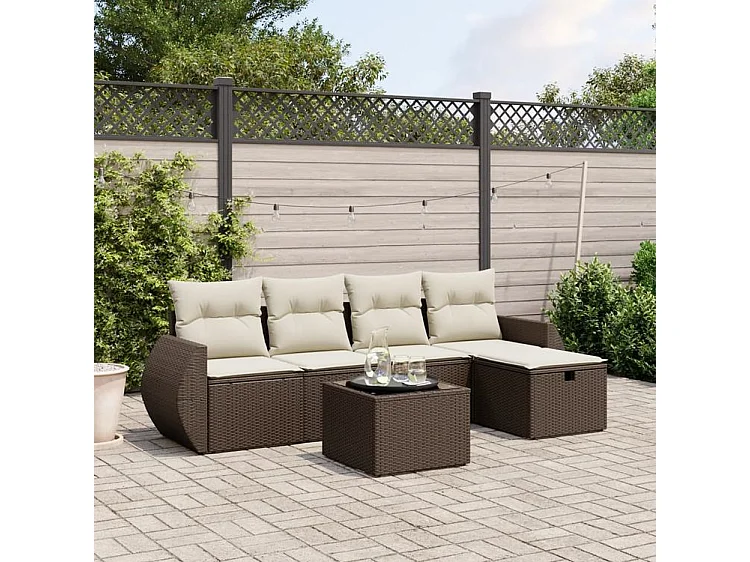 Salon de jardin avec coussins 6 pcs marron résine tressée