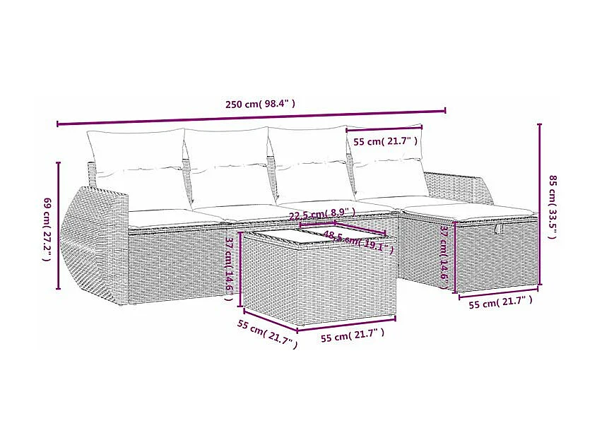 Salon de jardin avec coussins 6 pcs marron résine tressée