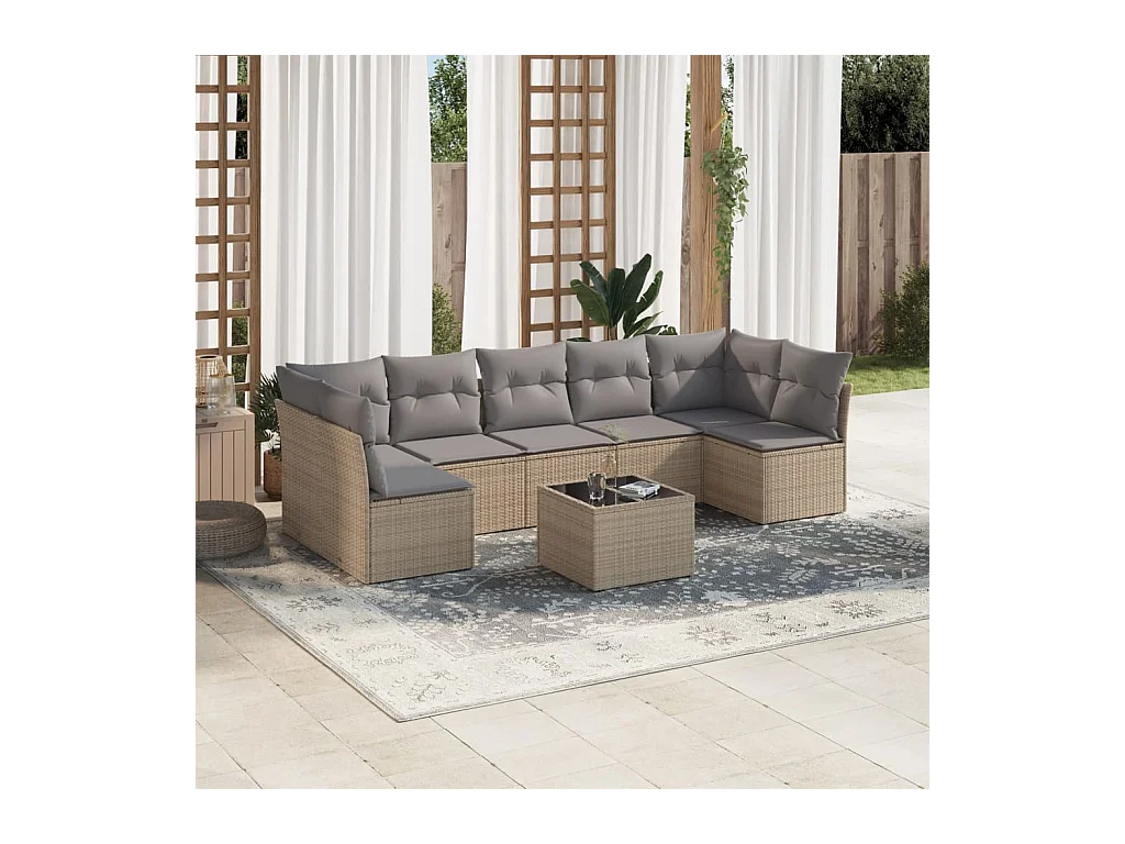 Salon de jardin avec coussins 8 pcs beige résine tressée