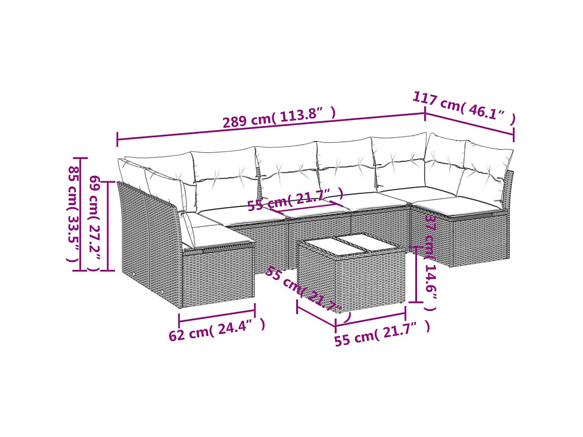 Salon de jardin avec coussins 8 pcs beige résine tressée