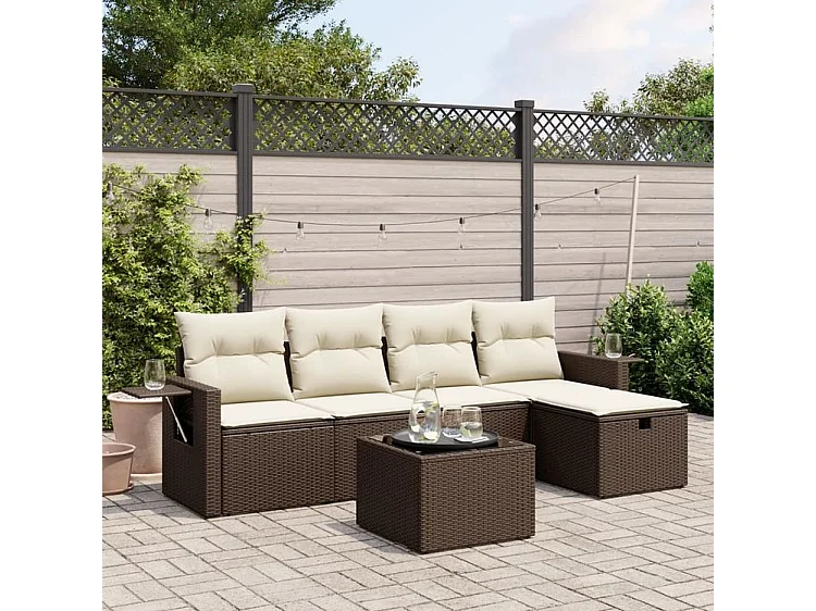 Salon de jardin avec coussins 6 pcs marron résine tressée