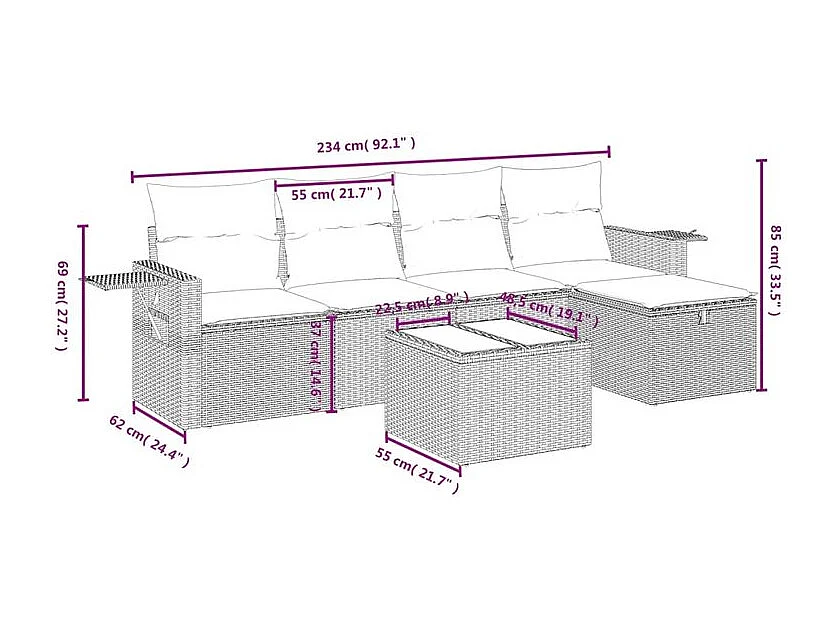 Salon de jardin avec coussins 6 pcs marron résine tressée