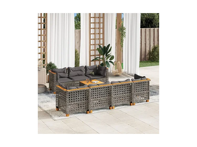 Salon de jardin 8 pcs avec coussins gris résine tressée