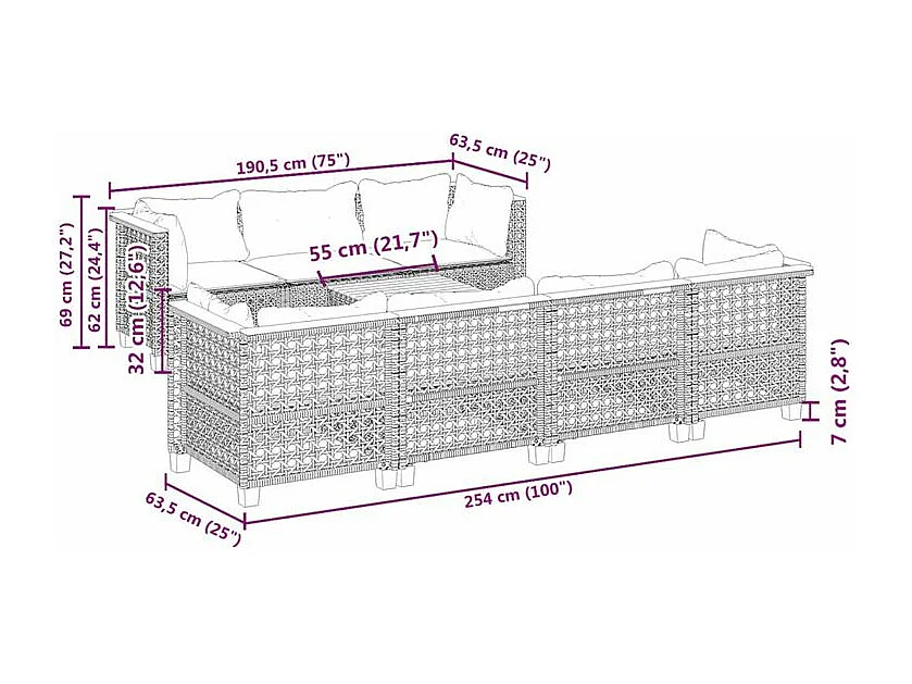 Salon de jardin 8 pcs avec coussins gris résine tressée
