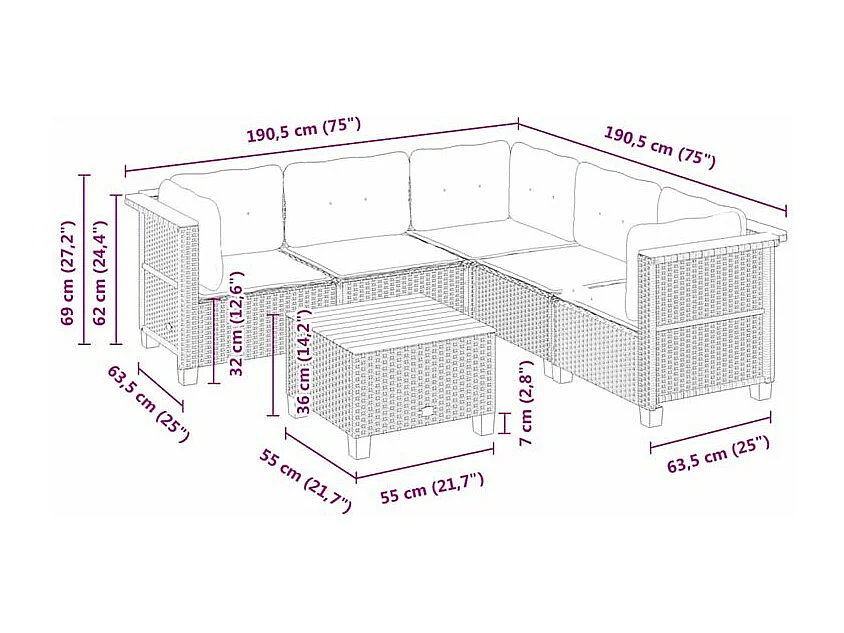 Salon de jardin 6 pcs avec coussins noir résine tressée