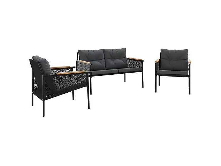Ensemble de meubles de balcon avec coussins 3 pcs noir acier