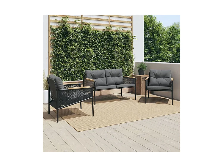 Ensemble de meubles de balcon avec coussins 3 pcs noir acier