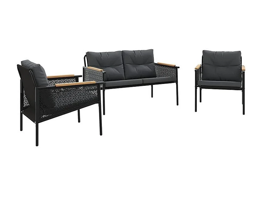 Ensemble de meubles de balcon avec coussins 3 pcs noir acier