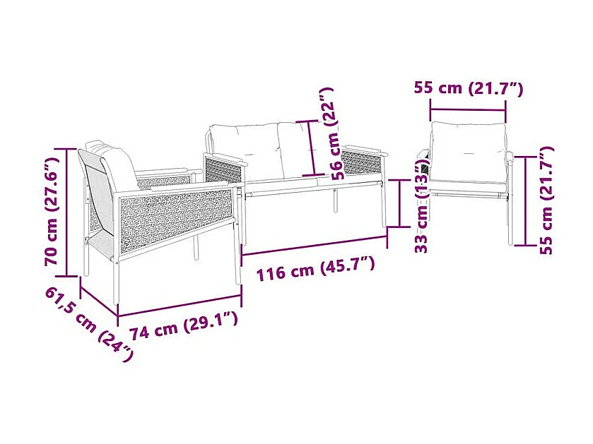Ensemble de meubles de balcon avec coussins 3 pcs noir acier