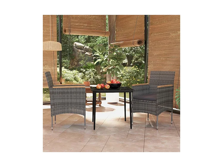 Ensemble à manger de jardin et coussins 3 pcs Gris et noir