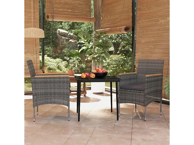 Ensemble à manger de jardin et coussins 3 pcs Gris et noir