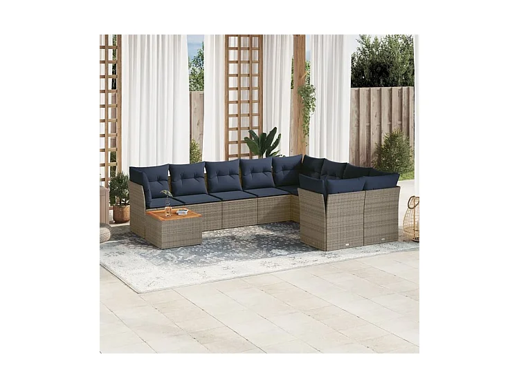 Salon de jardin 10 pcs avec coussins gris résine tressée