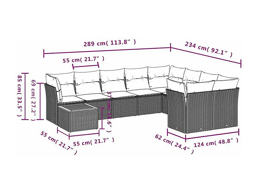 Salon de jardin 10 pcs avec coussins gris résine tressée