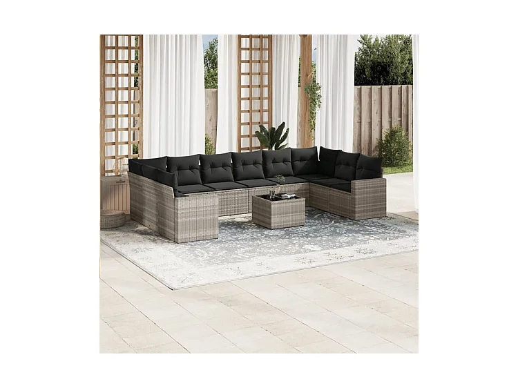 Salon de jardin 11 pcs avec coussins gris clair résine tressée