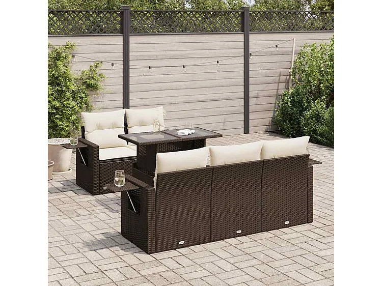 Salon de jardin avec coussins 6 pcs marron résine tressée