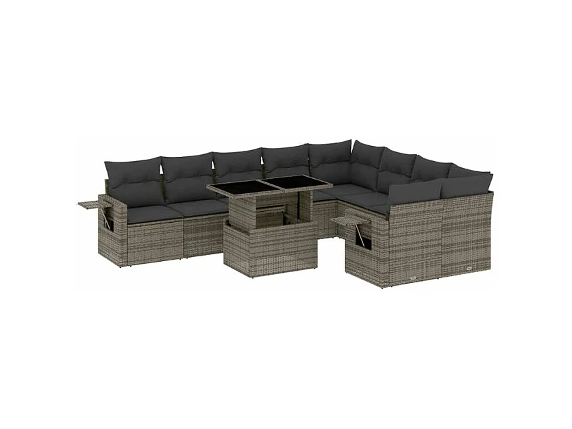 Salon de jardin avec coussins 10 pcs gris résine tressée